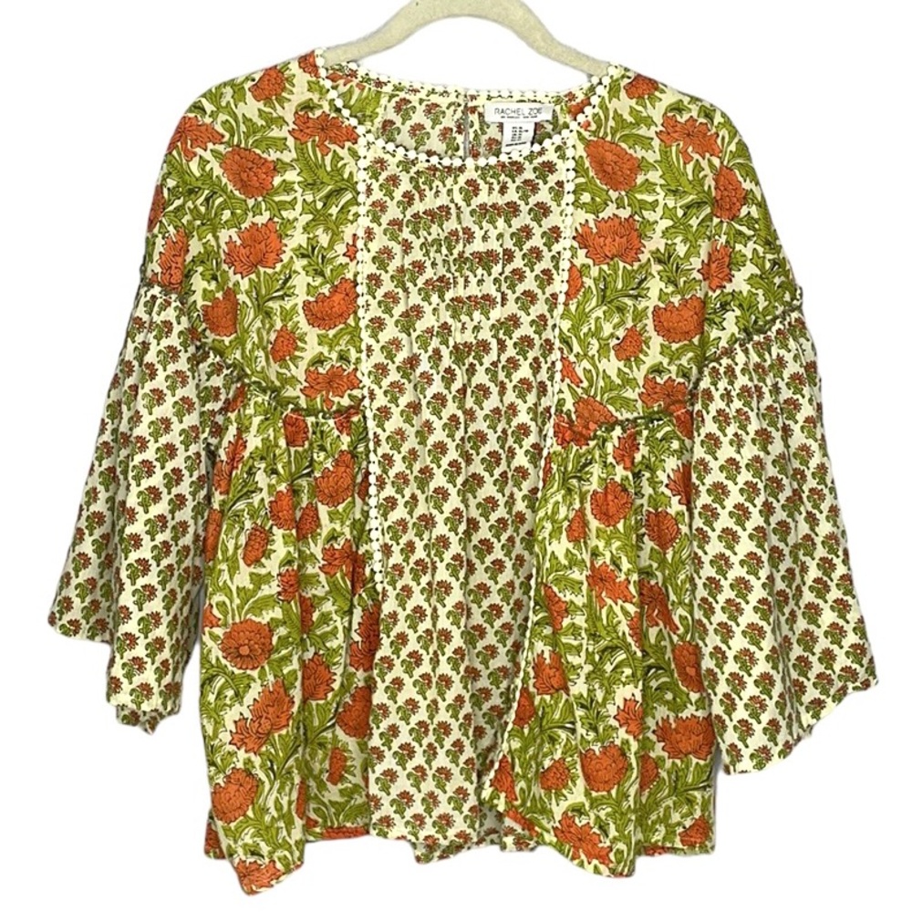 RACHEL ZOE 100% COTTON FLORAL BOHO SHORT SWING TOP 3/4 BELL SLEEVES  SZ XL
